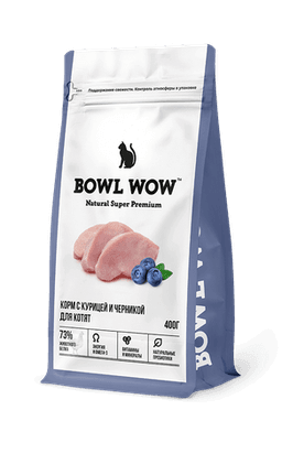 BOWL WOW СУХОЙ КОРМ ДЛЯ КОТЯТ С КУРИЦЕЙ И ЧЕРНИКОЙ