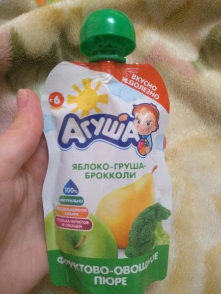 Пюре Агуша яблоко, груша, брокколи — фото из отзыва «Странный вкус, но ребёнку нравится»