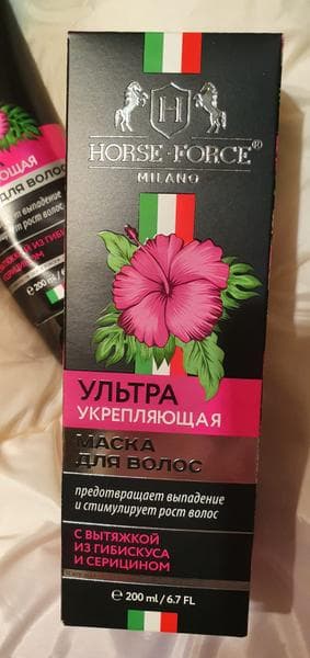 Ультра укрепляющая маска против выпадения волос Лошадиная сила с вытяжкой из гибискуса и серицином — фото из отзыва «Отлично укрепляет волосы и ускоряет рост новых.» (1 из 2)
