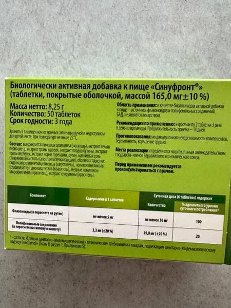 Синуфронт Vitamir 50 таблеток — фото из отзыва «Эффективно и безопасно от заложенности носа» (2 из 3)